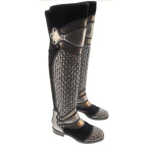 Dolce & Gabbana Studded Armored Velvet & Leather Knee-High Boots
-EU35